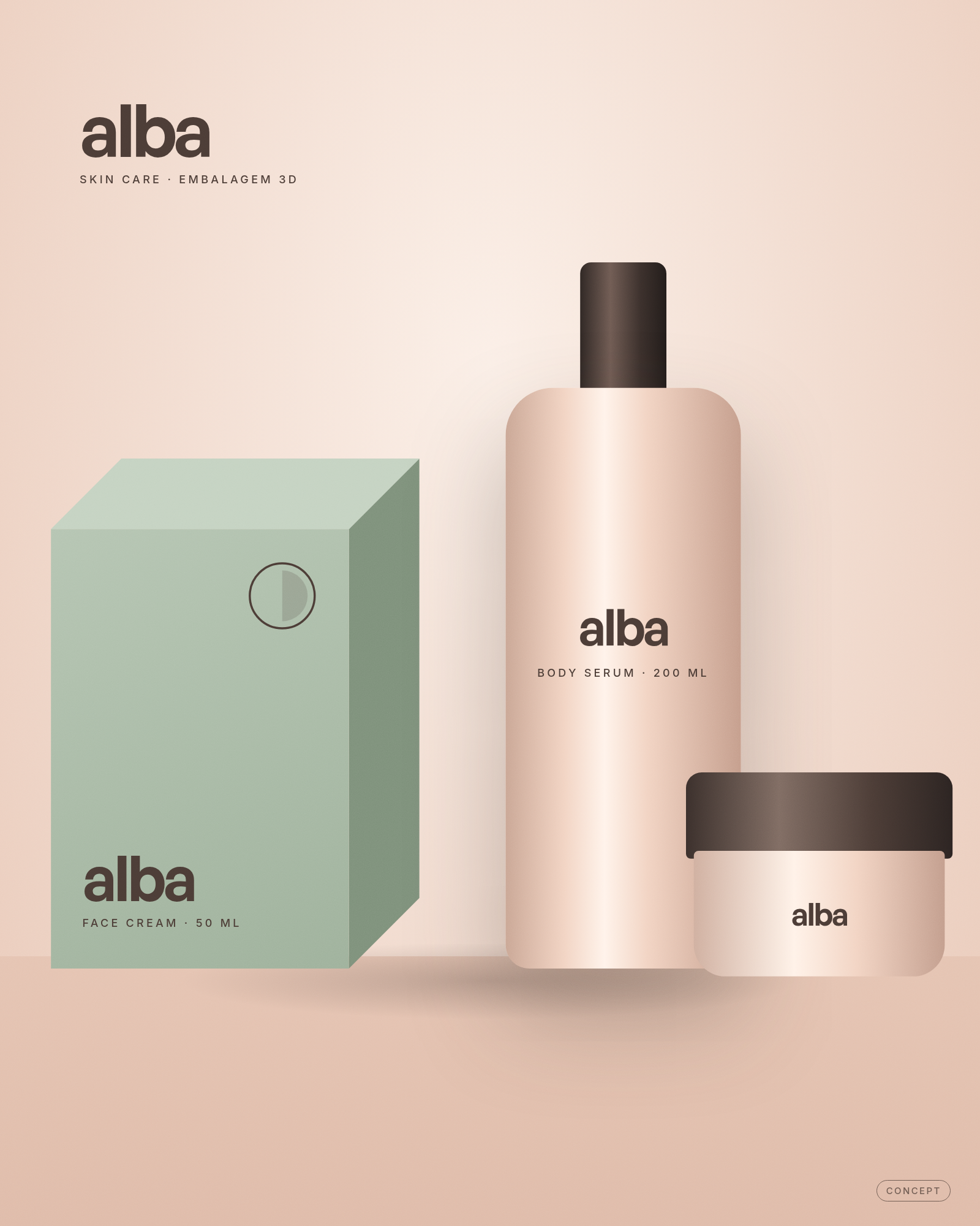 Example, not a client project. 3D packaging concept for the fictional line Alba Skin: a bottle and a box on a soft ground.