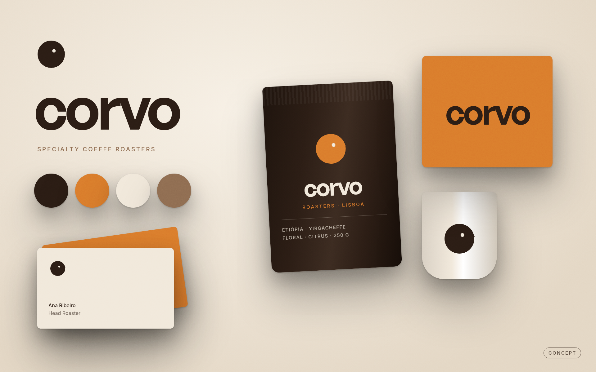 Example, not a client project. Identity concept for the fictional coffee brand Corvo Roasters: a wordmark on a dark field with a red accent.